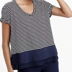J. Crew Navy and White Striped Women's Top with Ruffled Hem and Cap Sleeves Sz M